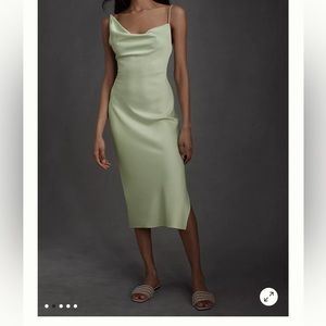 Anthropologie BHLDN Green Satin Midi Dress